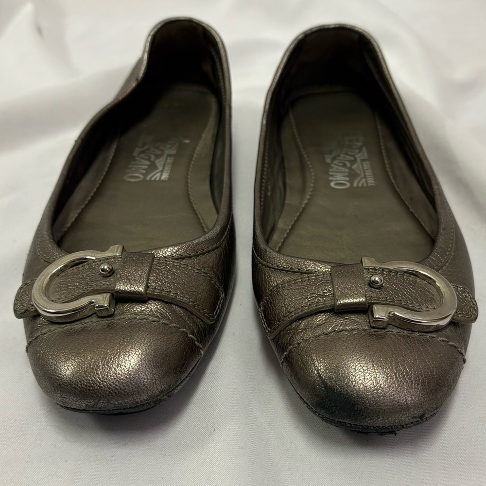 Salvatore Ferragamo Ballet Flats Metallic Bronze Leather US 6.5 Silver Buckle - Picture 3 of 14